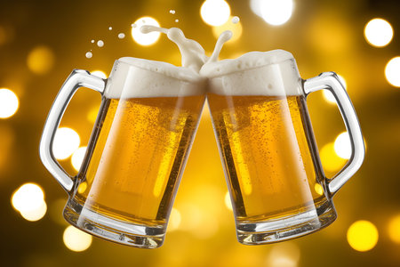 Two Beer Mugs Clinking with Foam Splash in Celebratory High-Resolution Photoの素材