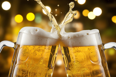 Two Beer Mugs Clinking with Foam Splash in Celebratory High-Resolution Photoの素材