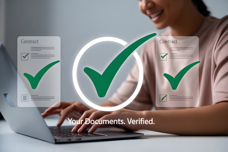 Hands Typing on Laptop with Document Overlay and Green Checkmarks Indicating Approvalの素材
