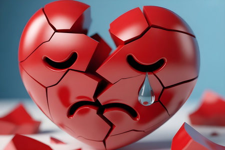 Broken Red Heart Illustration with Sad Face and Emotional Tearの素材