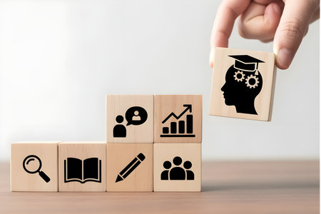 Education and Learning Concept with Wooden Blocks and Iconsの素材