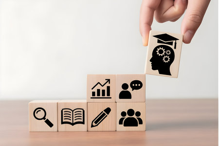Education and Learning Concept with Wooden Blocks and Iconsの素材