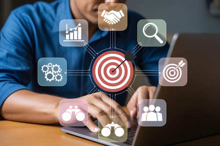 Business Strategy and Target Concept Illustration with Laptop and Digital Iconsの素材