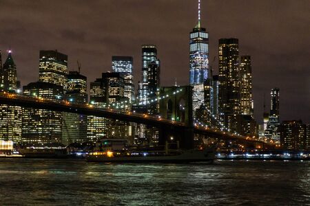 Brooklyn Bridge and Manhattan Skyline At Night, New York Cityの写真素材