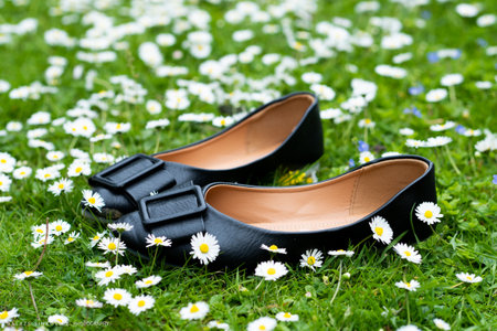 A nice black woman's shoes are on the green grassy ground, and there are white flowersの写真素材