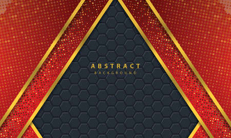 Dark abstract background with black overlap layers. Texture with golden line effect element decoration. Red Background vector.のイラスト素材