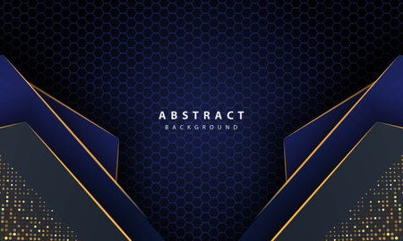 Dark blue abstract hexagon background with gold line gradient shapes. Design template for banner, posters, cover,etc.のイラスト素材