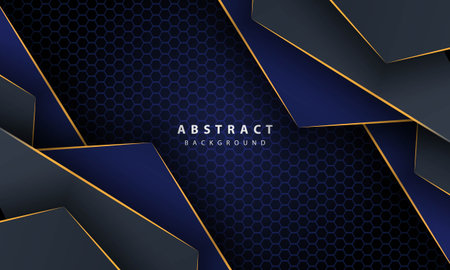 Dark blue abstract hexagon background with gold line gradient shapes. Design template for banner,...