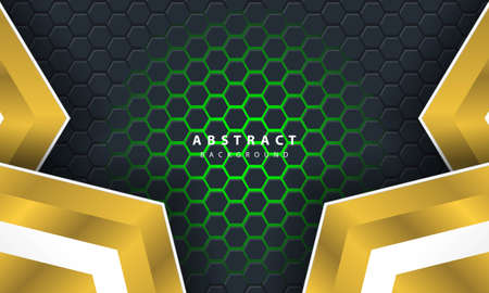 3D abstract green light hexagonal background with gold and white frame shapes.のイラスト素材