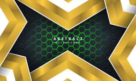 3D abstract green light hexagonal background with gold and white frame shapes.のイラスト素材