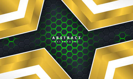 3D abstract green light hexagonal background with gold and white frame shapes.のイラスト素材