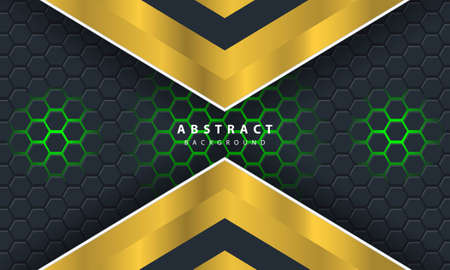 3D abstract green light hexagonal background with gold and white frame shapes.のイラスト素材