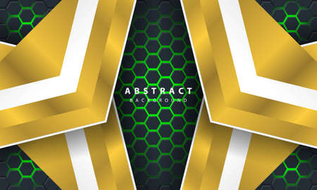 3D abstract green light hexagonal background with gold and white frame shapes.のイラスト素材