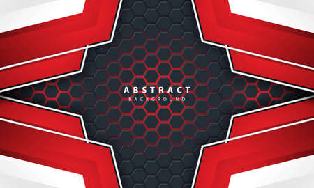 3D abstract red light hexagonal background with red and white frame shapes.のイラスト素材