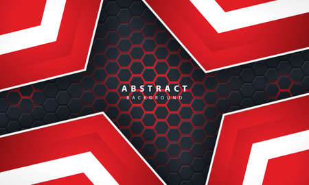 3D abstract red light hexagonal background with red and white frame shapes.のイラスト素材