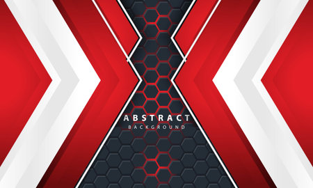 3D abstract red light hexagonal background with red and white frame shapes.のイラスト素材