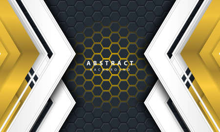 3D abstract gold light hexagonal background with gold and white frame shapes.のイラスト素材