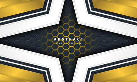 3D abstract gold light hexagonal background with gold and white frame shapes.のイラスト素材