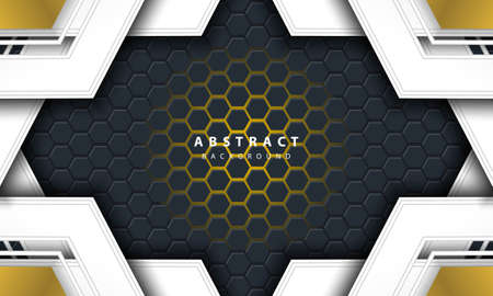 3D abstract gold light hexagonal background with gold and white frame shapes.のイラスト素材