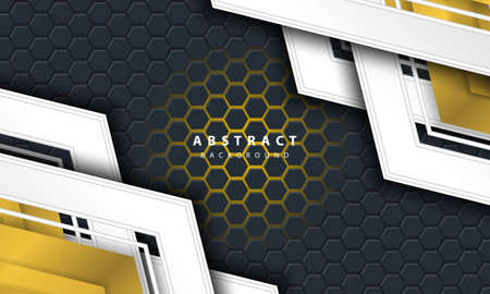 3D abstract gold light hexagonal background with gold and white frame shapes.のイラスト素材