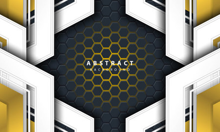 3D abstract gold light hexagonal background with gold and white frame shapes.のイラスト素材