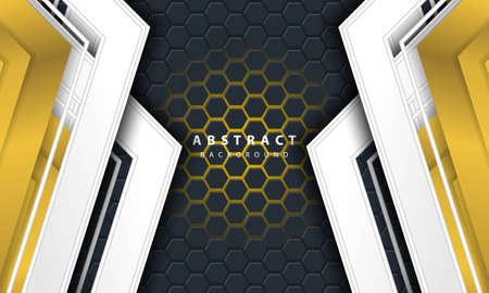 3D abstract gold light hexagonal background with gold and white frame shapes.のイラスト素材