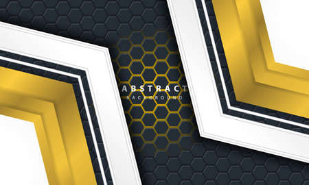 3D abstract gold light hexagonal background with gold and white frame shapes.のイラスト素材