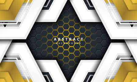 3D abstract gold light hexagonal background with gold and white frame shapes.のイラスト素材