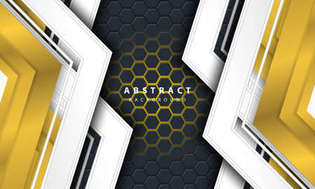 3D abstract gold light hexagonal background with gold and white frame shapes.のイラスト素材