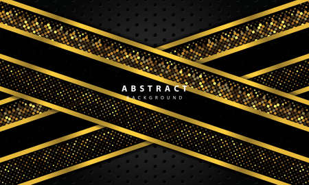 abstract background with black overlap layers. Texture with gold line and gold glitters dots element decoration.のイラスト素材