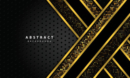 abstract background with black overlap layers. Texture with gold line and gold glitters dots element...