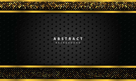 abstract background with black overlap layers. Texture with gold line and gold glitters dots element decoration.のイラスト素材
