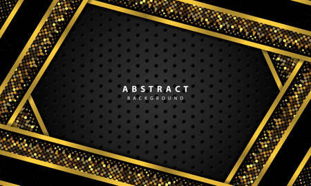 abstract background with black overlap layers. Texture with gold line and gold glitters dots element decoration.のイラスト素材
