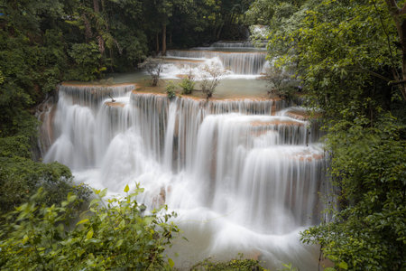 Waterfall hua mae kamin in tropical forest at Erawan national park Kanchanaburi province, Thailandの写真素材