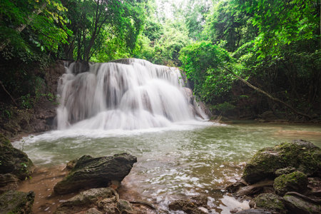 Waterfall hua mae kamin in tropical forest at Erawan national park Kanchanaburi province, Thailandの写真素材