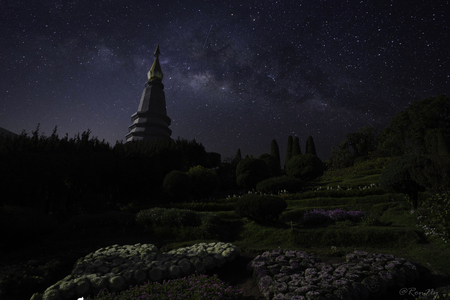 The Great Holy Relics Pagoda Nabhamethanidol and Nabhapolbhumisiri with Milky way and Zodiac light on night sky above Doi Inthanon National park. Chiang mai, Thailand.の写真素材