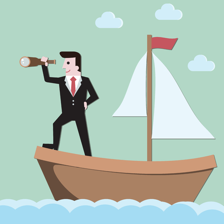 Businessman holding spyglass sailing  on boat , business concept  flat design vector illustrationのイラスト素材