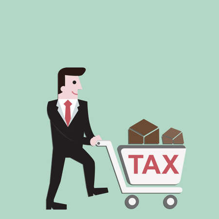 Tax  shopping businessman  trolley loaded Concept of Government Goods Service Tax  flat design vector illustrationの写真素材
