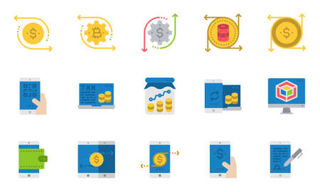 Financial Industry Line Icons Flat , Banking, Bitcoin, Paymentのイラスト素材