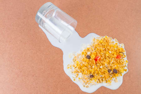 Healthy whole grain muesli and bran breakfast with milkの写真素材