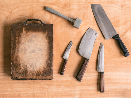 Kitchen utensils on wooden table background.の写真素材