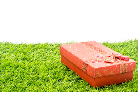 The Gift box on the green grass ground.の写真素材