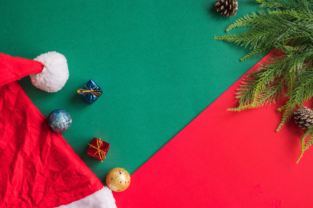 Top view of christmas decoration on colorful background. Free space for textの写真素材
