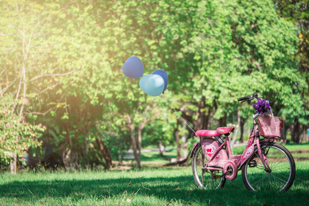 A pink bicycle and blue balloons in a shady park.の写真素材