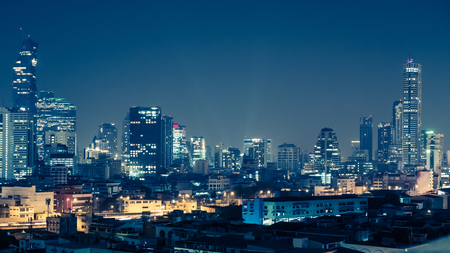 View of the business area in Bangkok at night, Bangkok is the capital of Thailand and is a popular tourist destination.の写真素材