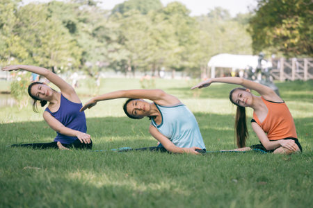Group of women doing yoga exercises in the park. Concept of healthy lifestyle.