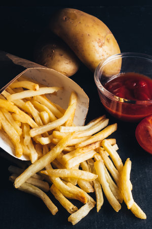 Close up of French fries with ketchup and raw potatoes on black bacground.
