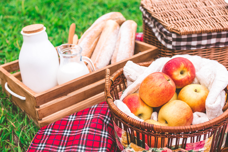 Summer picnic with a basket of food on blanket in the park.の写真素材