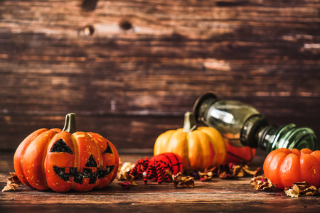 Halloween decoration on wooden backgroundの写真素材