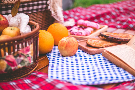 Summer picnic with a basket of food on blanket in the park.の写真素材